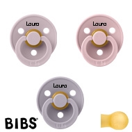 BIBS Colour Schnuler mit Name, Fossil Grey, Dusky Lilac, Pink Plum, rund Latex Größe 2,  (3er Pack)